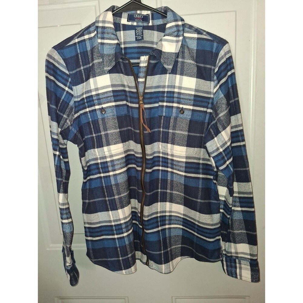 Chaps Denim Plaid Flannel Zip Jacket Womens PM Blue Shacket Cotton